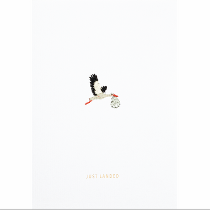 Carte postale-  Just landed - cigogne brodée
